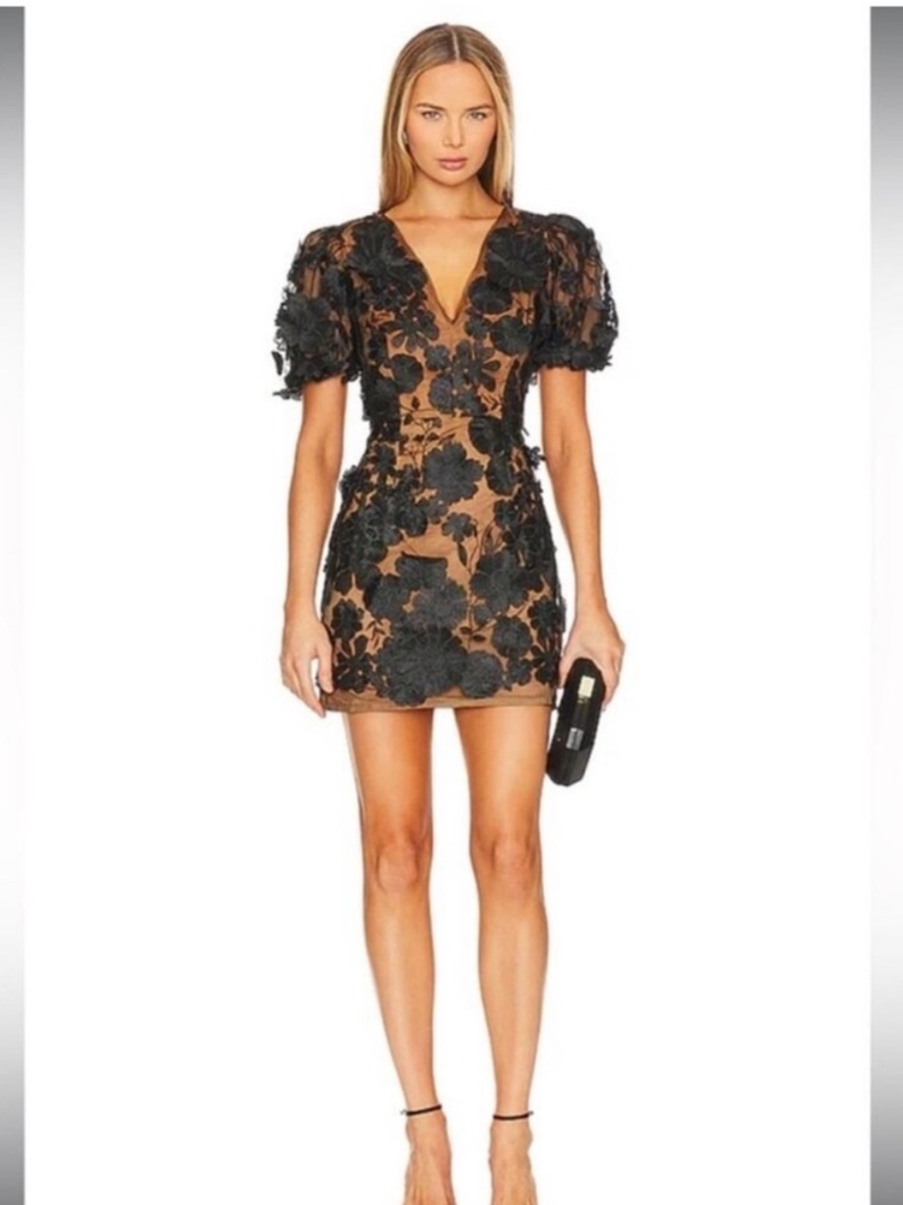 elliatt rosalind black floral applique 3d puff sleeve mini dress size medium NEW